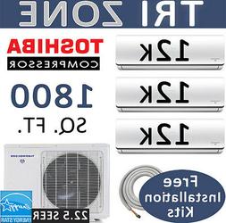 36000 BTU Tri Zone Ductless Mini Split Air Conditioner Heat 